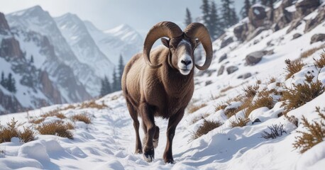 Naklejka premium A bighorn sheep navigating through dense snow on a mountain trail, winter wilderness, mountain trails, animal tracks