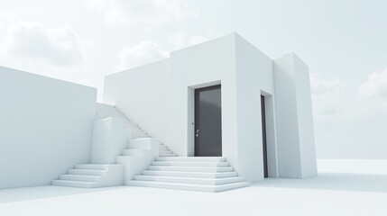 Obraz premium Minimalist architecture stark white geometric building external staircase