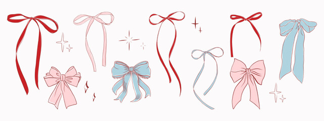 Hand drawn charming of pastel pink, red, and blue ribbon bows in various styles with flowing tails, intricate lace details, and decorative sparkles. Perfect for elegant gift wrapping, holiday decor