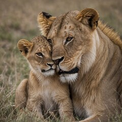 A lion cub cuddling with its mother, white background.

