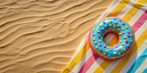 A colorful donut-shaped inflatable ring on a striped beach towel, resting on soft, rippled sand, evoking a fun and carefree summer day.