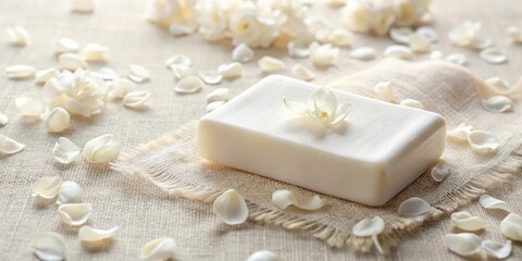 A single bar of white soap sits atop a natural fabric with white flower petals scattered around it.
