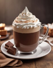 A cup of hot chocolate topped with a layer of whipped cream, hot chocolate, warm