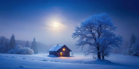 A solitary cabin nestled in a winter wonderland, illuminated by a warm glow, stands beneath a full moon casting a soft, ethereal light on the snow-covered landscape.