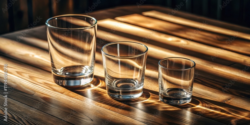 Poster three empty glasses arranged in descending order of size, casting shadows on a wooden surface bathed