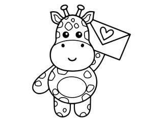 Valentine Day Giraffe Holding a Letter Black and White