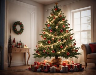 A decorated Christmas tree with ornaments and lights, winter wonderland, tree decoration, halloween decorations