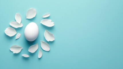 White Egg and Petals on Blue Background