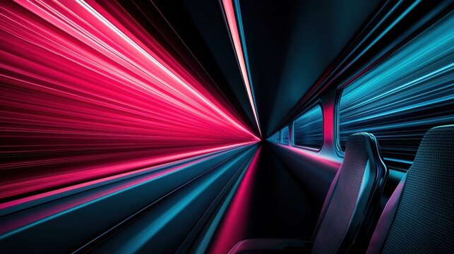 A passenger view from inside a hyperloop capsule as it traverses a tunnel at incredible speed. The outside world is a blur of light and color, emphasizing the sensation of rapid transit.