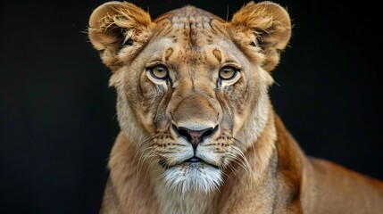 Fototapeta premium Lioness portrait, studio, dark background, wildlife
