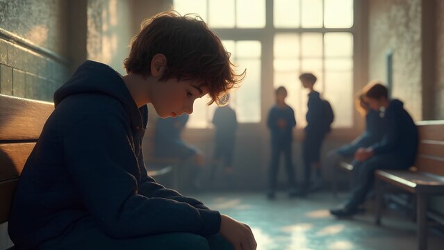 A teenager with his head down in a school corridor is an illustration symbolizing shame and exclusion.