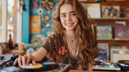 Fototapeta premium Young woman enjoys vinyl records in colorful music store engaging atmosphere captivating moment