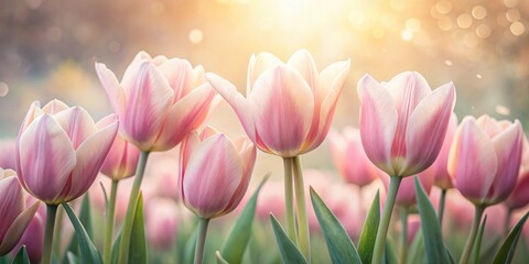 Obraz premium Delicate Pink Tulips Glowing in Warm Sunlight, a Symphony of Pastel Hues and Gentle Beauty