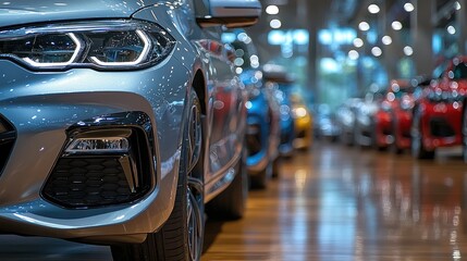 Sleek modern cars on display in a brightly lit showroom with reflections and vibrant colors