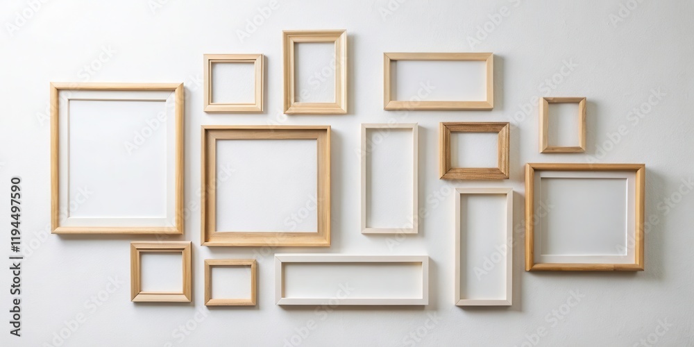 Poster A collection of empty picture frames of varying sizes and styles, arranged in a contemporary gallery wall configuration on a white wall.