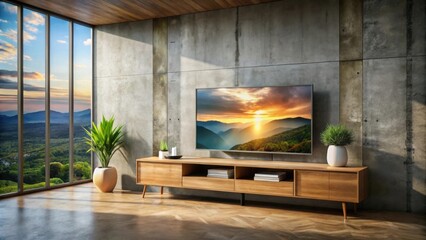 Fototapeta premium Modern living room with a wooden entertainment center and a flat-screen television displaying a scenic sunset landscape