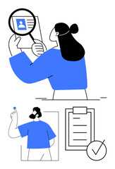 Woman examines profile with magnifying glass, man holds pin beside profile photo, checklist with confirmation mark. Ideal for HR, recruitment, hiring, evaluation, verification, analysis abstract