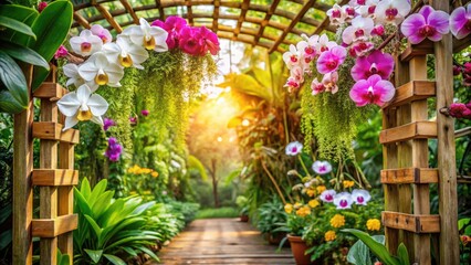A delicate orchid blooms on a wooden trellis, surrounded by lush tropical plants and colorful flowers, jungle, gardens, tropical, nature, greenery