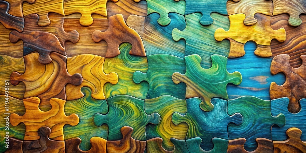 Poster wooden puzzle pieces with intricate grain patterns in shades of blue, green, and brown, creating a c