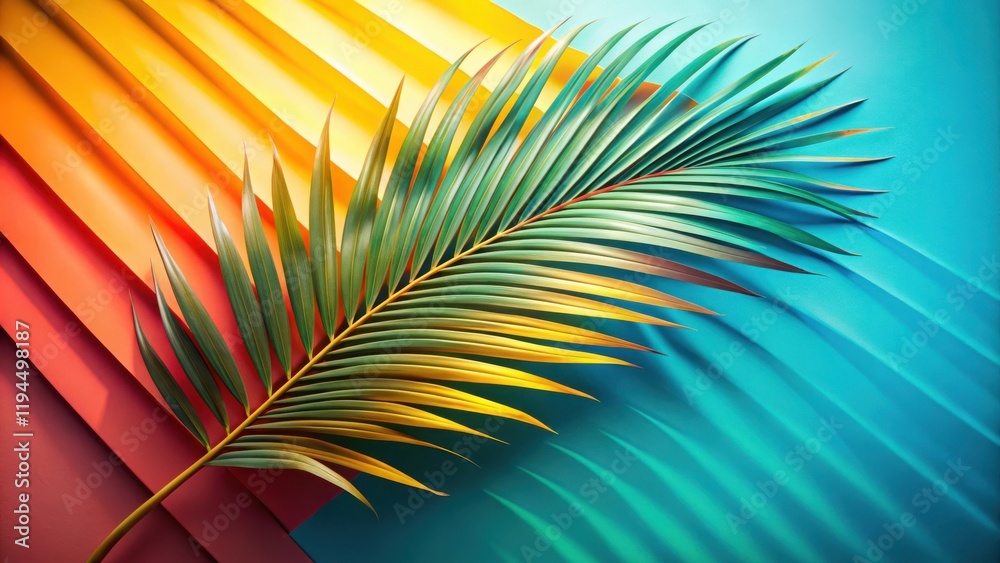 Poster a single palm leaf casts a shadow over a vibrant backdrop of blue, yellow, and red, creating a color