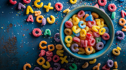 Colorful alphabet cereal scattered around a bowl on a wooden table. Generative AI