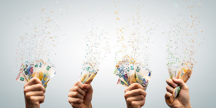 Euro banknotes in multiple hands disappear into the air