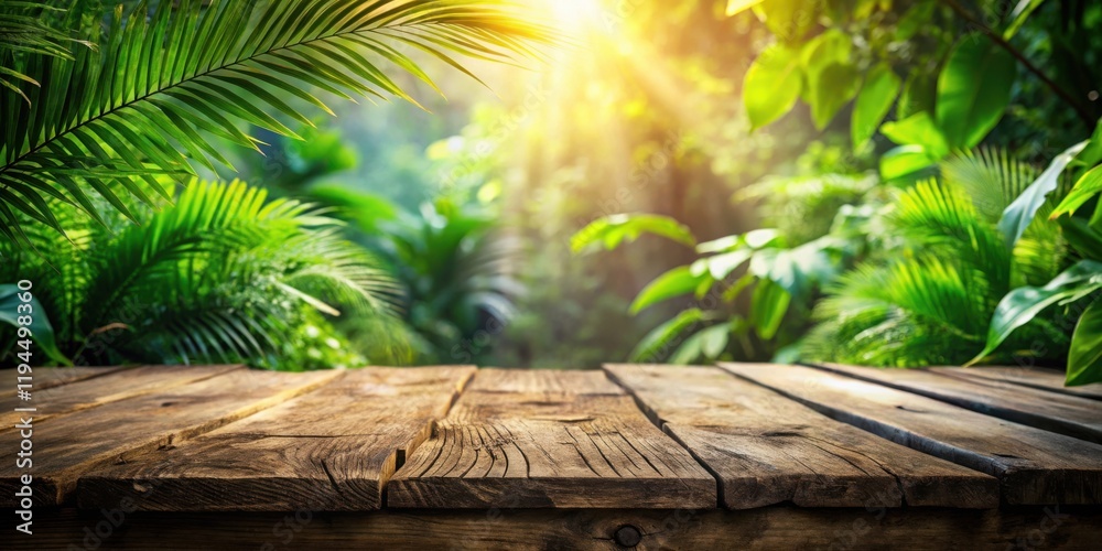 Poster rustic wooden plank tabletop in a lush tropical rainforest setting with sunlight filtering through t