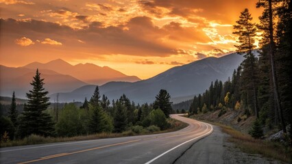 Naklejka premium A dramatic sunset on an empty stretch of asphalt road with mountains and trees in the foreground and a bright orange sky behind, empty road, mountain view