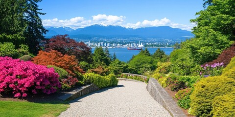 Obraz premium Serene Garden Path with City and Mountain Vista
