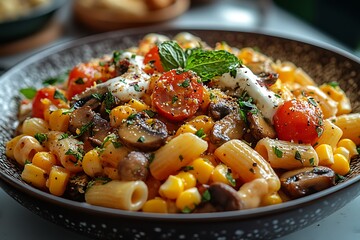 High angle view of pasta and spaghettis in plate on table
