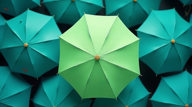 Multiple Teal Umbrellas With a Single Light Green Umbrella Standing Out in the Center.