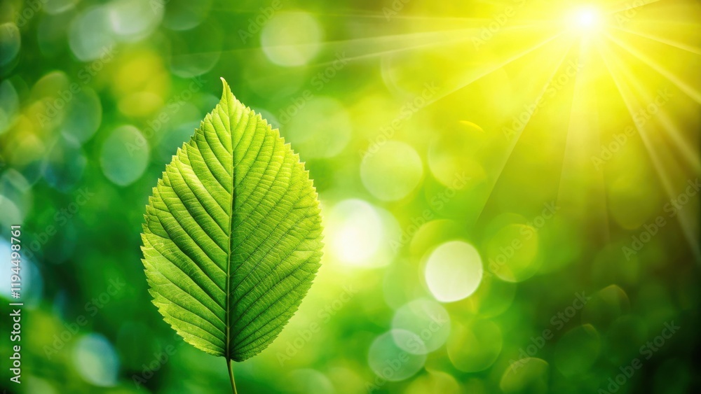 Aufkleber a single, vibrant green leaf basking in the warm glow of the sun, with a bokeh effect creating a sof