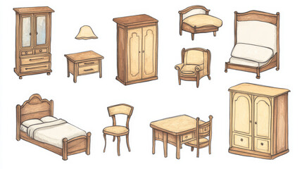 Bedroom furniture set cartoon vector illustrations. Collection elements for living room interior, bed, armchair and coffee table, wardrobe and chest of drawers, room accessories isolated on white