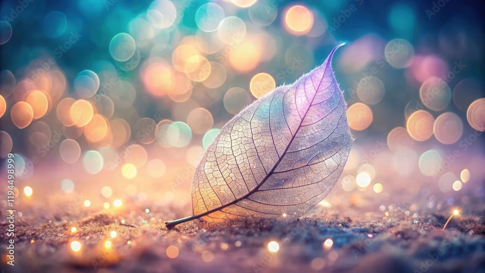 Poster a single, translucent leaf lies amidst a shimmering expanse of soft light, creating a whimsical and 