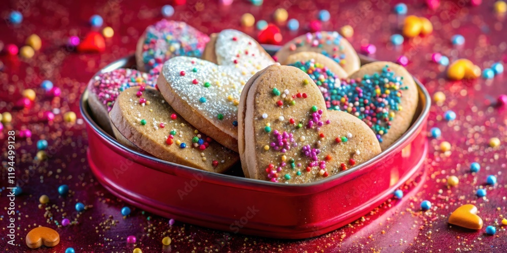 Poster heart-shaped cookies with colorful sprinkles in a red tin, surrounded by scattered sprinkles on a re