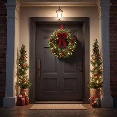 Fototapeta premium A festively lit Christmas wreath on a front door, christmas wreath, holiday decoration