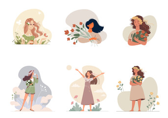 Set of female portraits in a flat style. Cute joyful young women with a flowers. Summer vector illustration. Nice girls enjoys life. Collection of avatar for social network.
