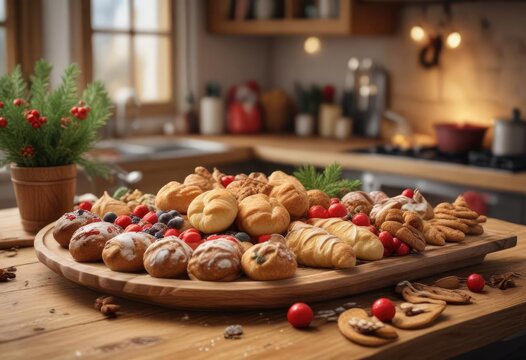 A festive holiday kitchen scene features a tray of freshly baked spe Kulatius and other sweet treats on a wooden counter, spe Kulatius, baking tray