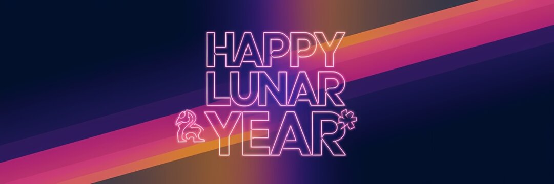 A creative minimalist Lunar New Year poster design with a neon theme. There is a large, bold text that says "Happy Lunar New Year". Below the text, there is a small illustration of a lio