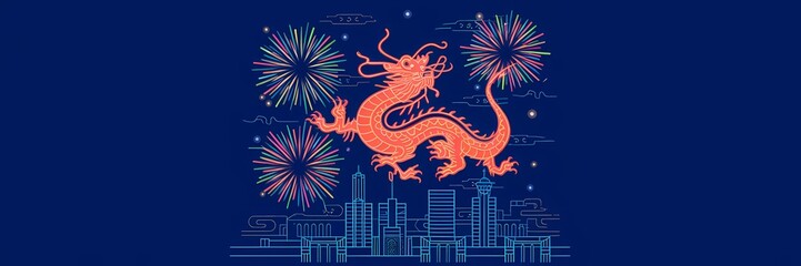 A minimalist Lunar New Year poster with a neon theme. There is a large, orange, stylized dragon with a long tail. The dragon is flying over a city with tall buildings.