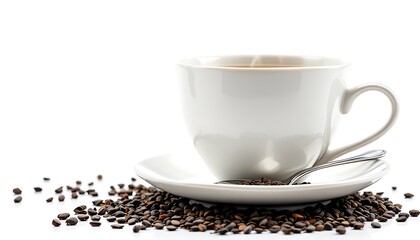 Steaming Coffee Cup on Saucer with Scattered Coffee Beans