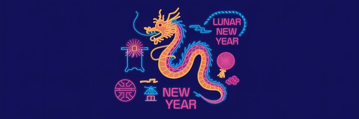 Fototapeta premium A minimalist neon-themed Lunar New Year poster design with a creative illustration of a dragon. The dragon is made up of various symbols associated with the holiday, such as a firecracker, a lantern