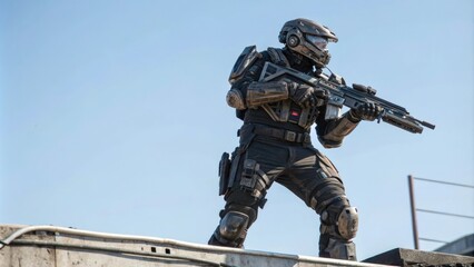 A futuristic soldier stands confidently with advanced combat armor and energy rifle at the ready, energy rifle, modern warfare, high-tech soldier