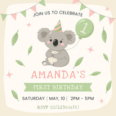 Fototapeta premium Birthday invitation card with cute koala. First birthday party vector template 