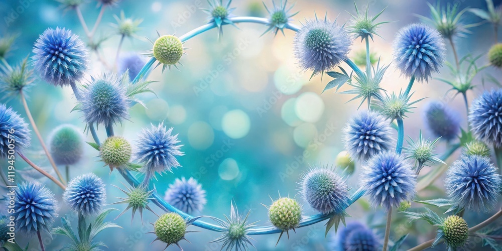 Poster a delicate circular arrangement of blue and green thistle flowers with a soft blue and yellow bokeh 