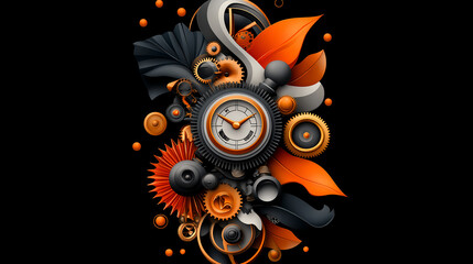 Abstract Mechanical Clockwork with Orange and Black Elements