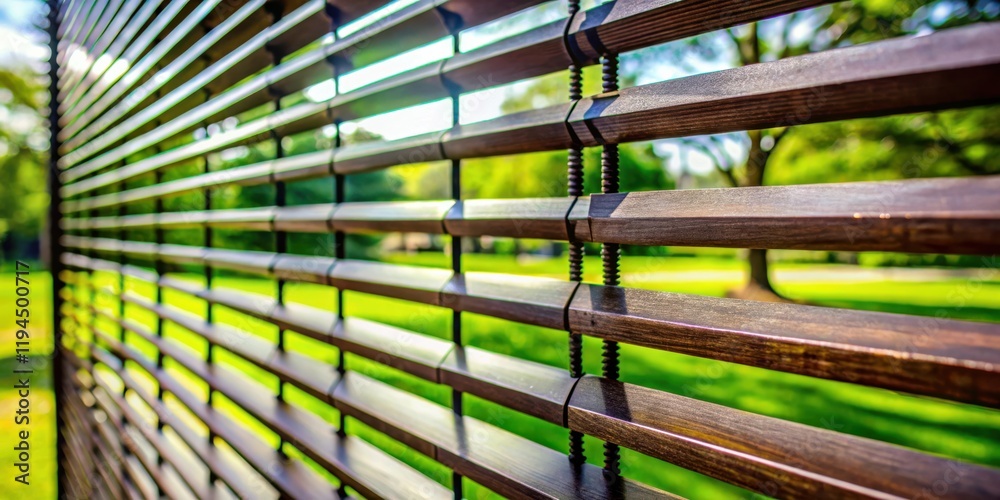 Poster A close-up view of a wooden slat fence with a blurred background of green grass and trees, creating a sense of depth and privacy.