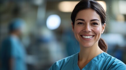 Fototapeta premium Smiling nurse in scrubs with blurred hospital background