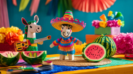 Mexican festival or holiday traditional elements - paper donkey and watermelon pinata, sombrero hat and guitar. Cartoon vector illustration set of fiesta, birthday party and cinco de mayo accessory.