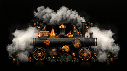 Elegant Black and Gold Steam Locomotive with Smoke and Flowers